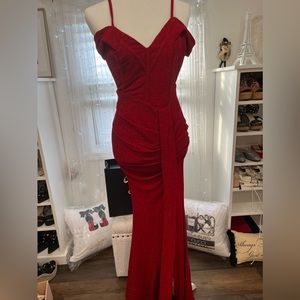 Red shiny maxi dress dress size M side slit